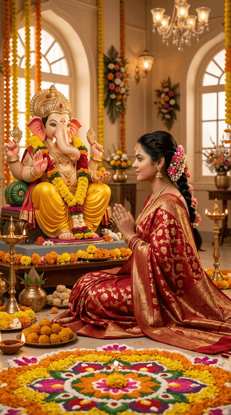 Devotional Ganesha Puja Portrait in Red Banarasi Silk Saree