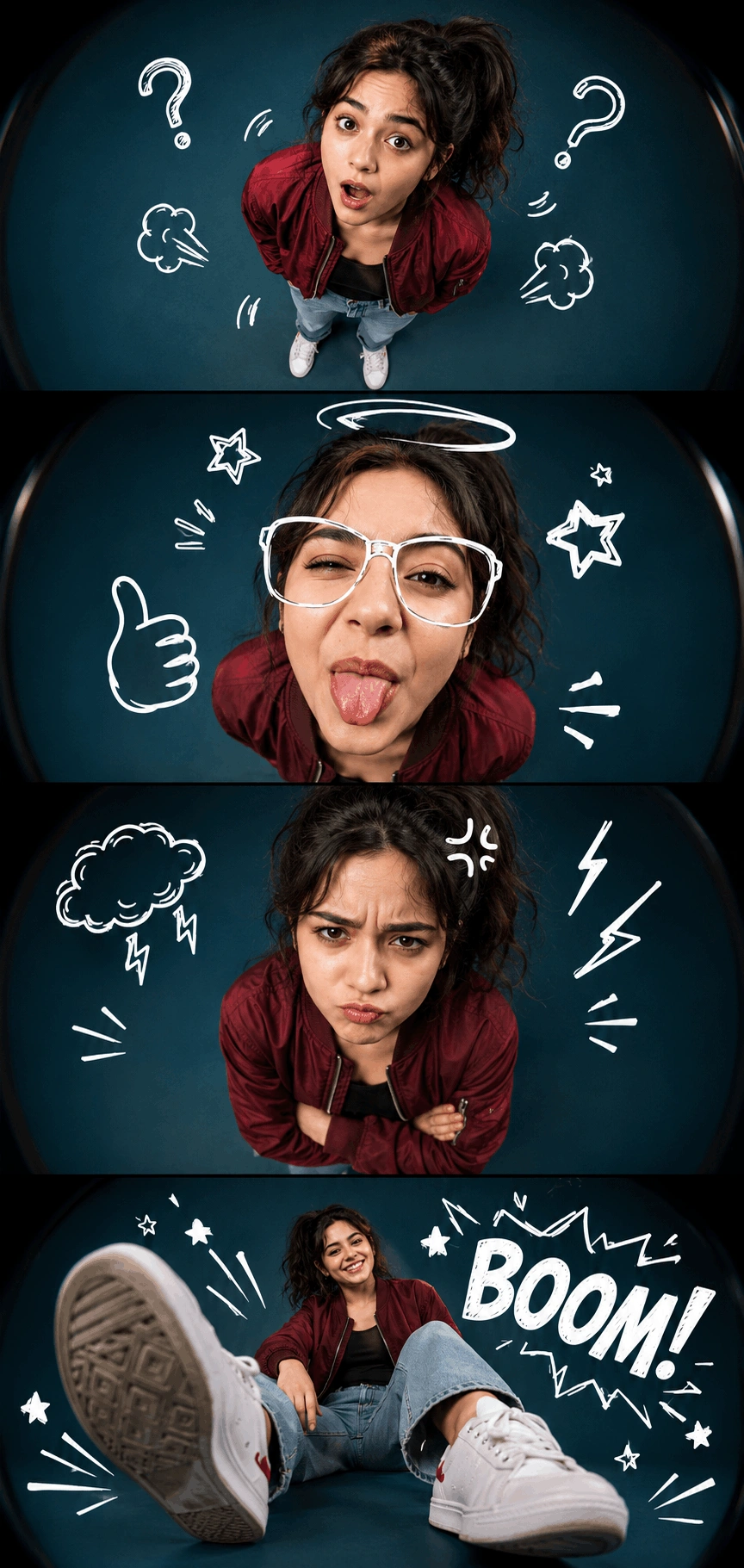 4-Panel Fisheye Comic Fashion Portrait AI Prompt