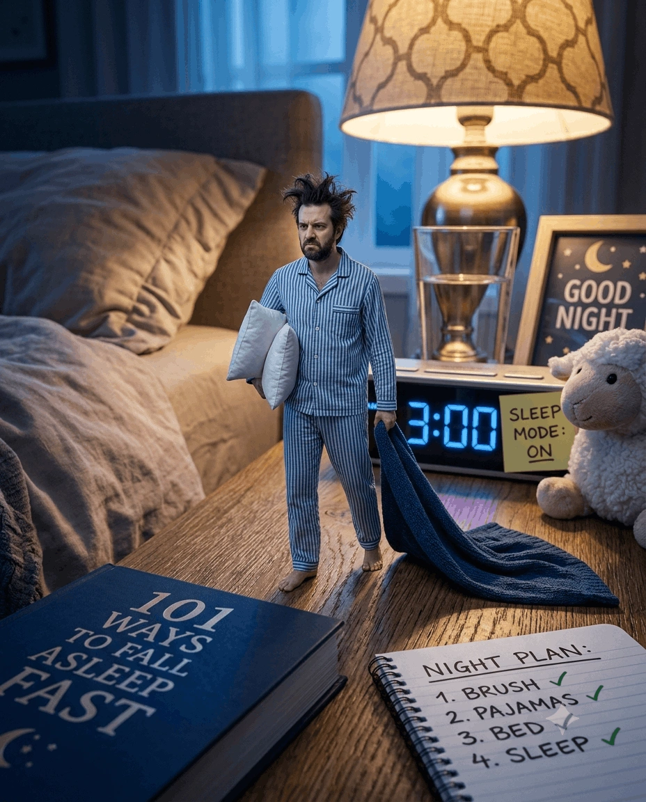Sleepless at 3AM – Miniature Night Comedy AI Photo Prompt