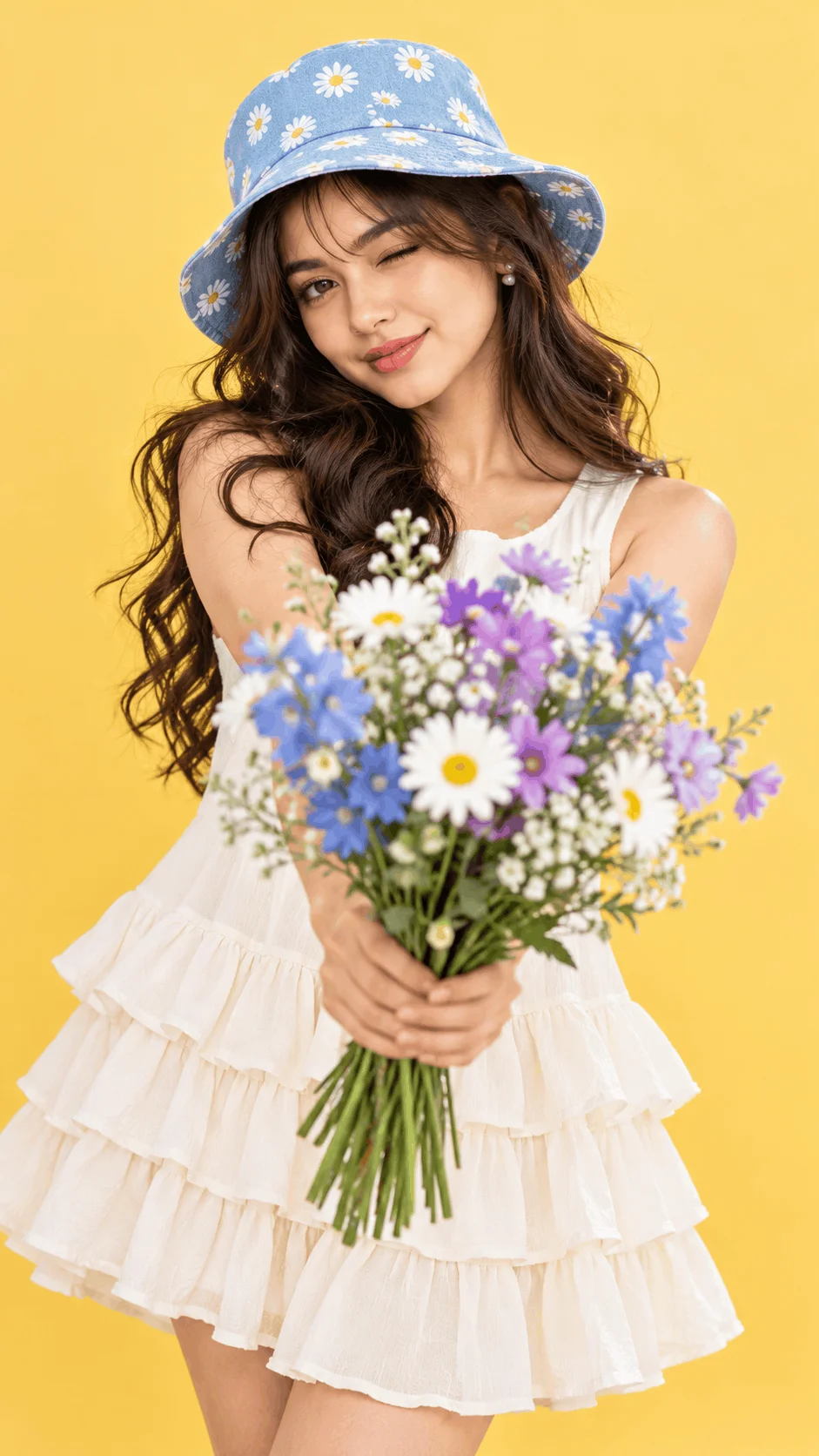 Pastel Daisy Muse: Korean Beauty Floral Studio Portrait