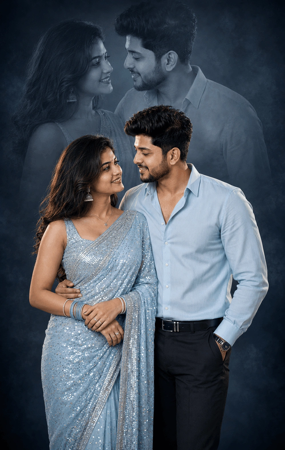 Romantic Blue Double Exposure Couple AI Photo Editing Prompt