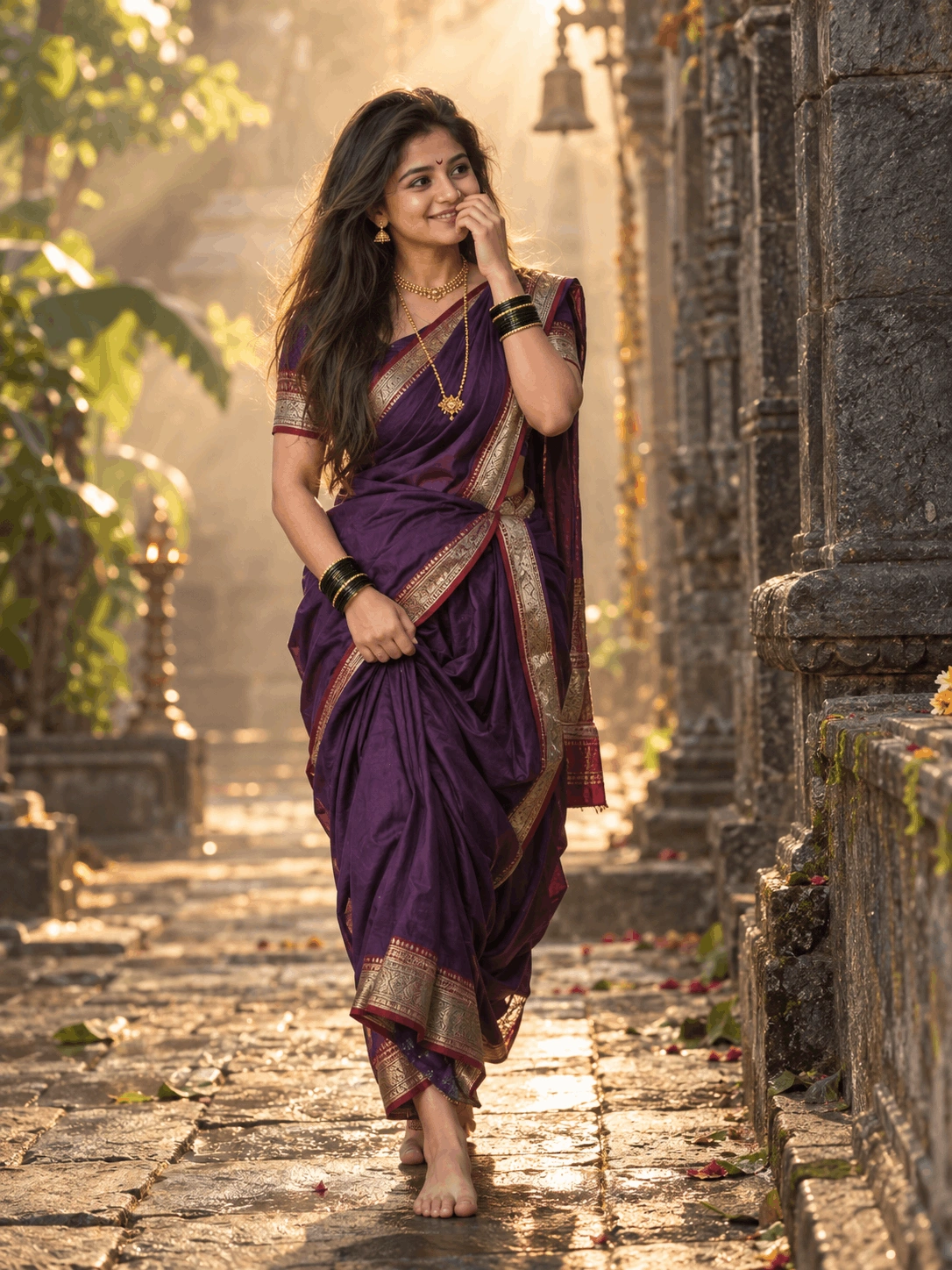 Purple Nauvari Saree Temple Pathway Portrait