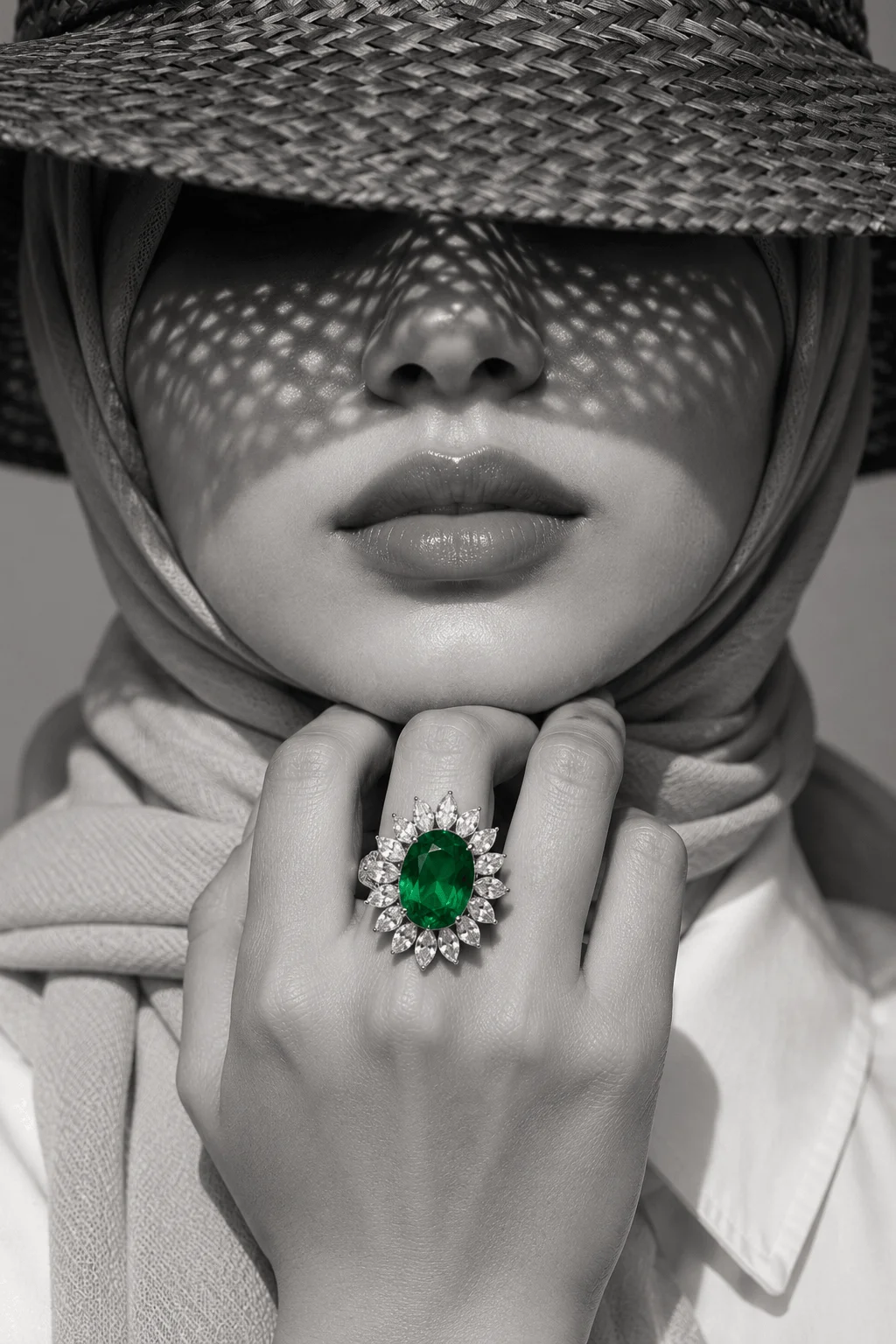 Emerald Veil – Monochrome Fine-Art Portrait with a Green Gemstone Ring