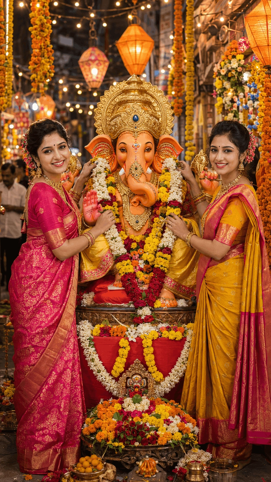 Two Women Offering Flowers to Lord Ganesha – Ganesh Chaturthi Celebration AI Portrait