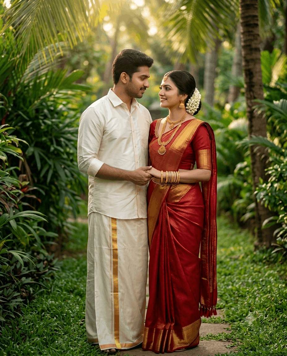 Kerala Wedding Couple Portrait – Cinematic South Indian Bridal Garden Scene