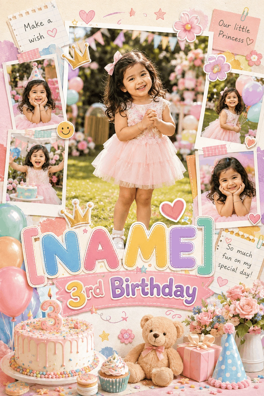 Whimsical 3rd Birthday Girl Scrapbook AI Poster Prompt