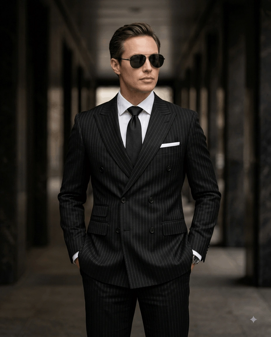 Executive Fashion Portrait Prompt | Man in Black Pinstripe Suit