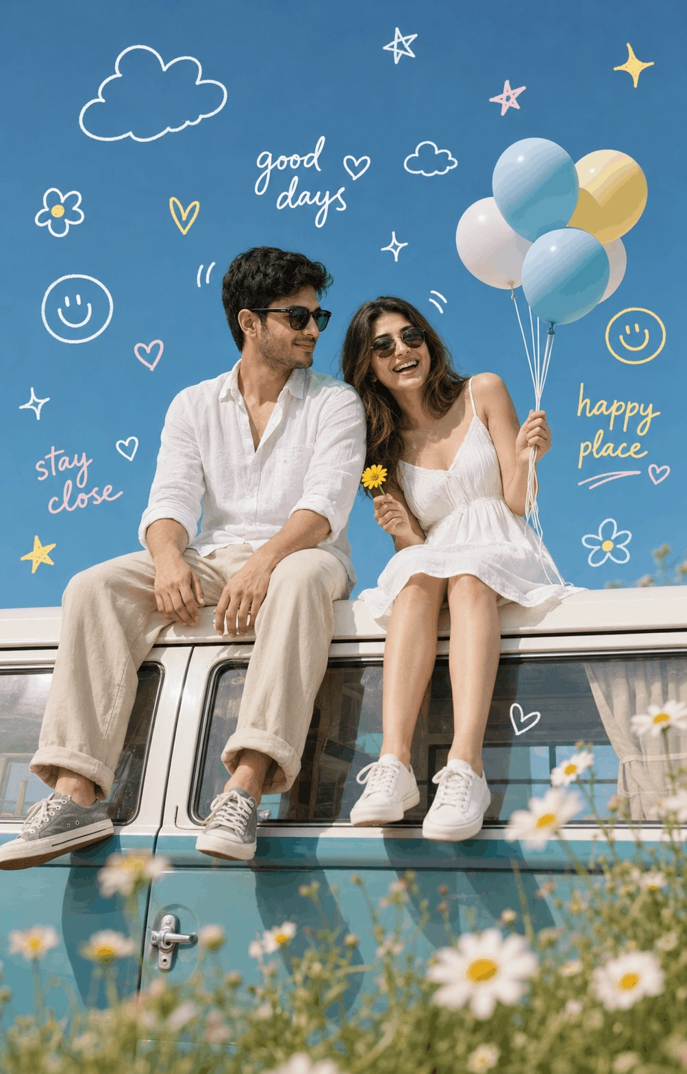 Dreamy Camper Van Couple Portrait – Aesthetic Sky Doodle Lifestyle Scene
