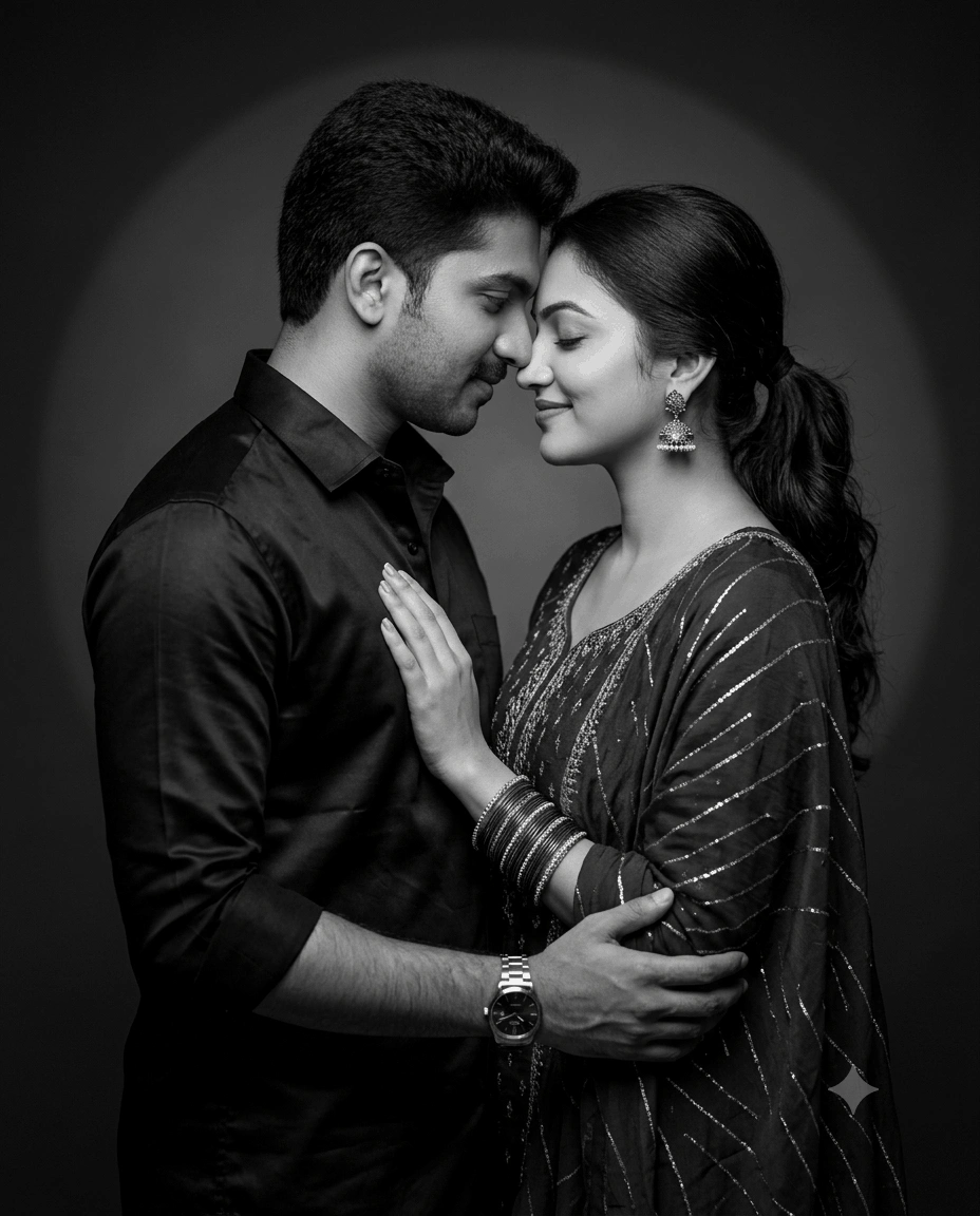 Romantic Black & White Couple Portrait – Cinematic Intimate Embrace