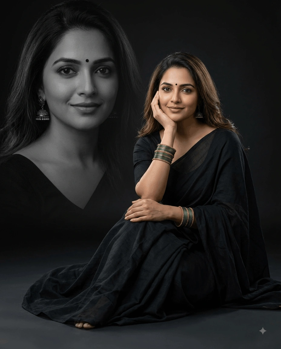 Black Saree Double Exposure Portrait | Elegant Indian Woman AI Prompt