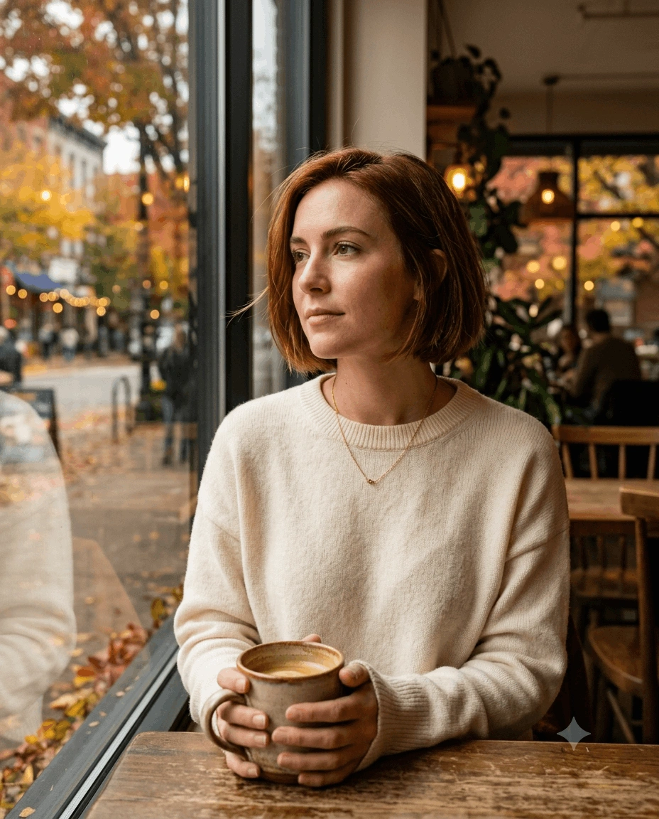Cozy Cafe Window AI Portrait Prompt – Warm Autumn Lifestyle