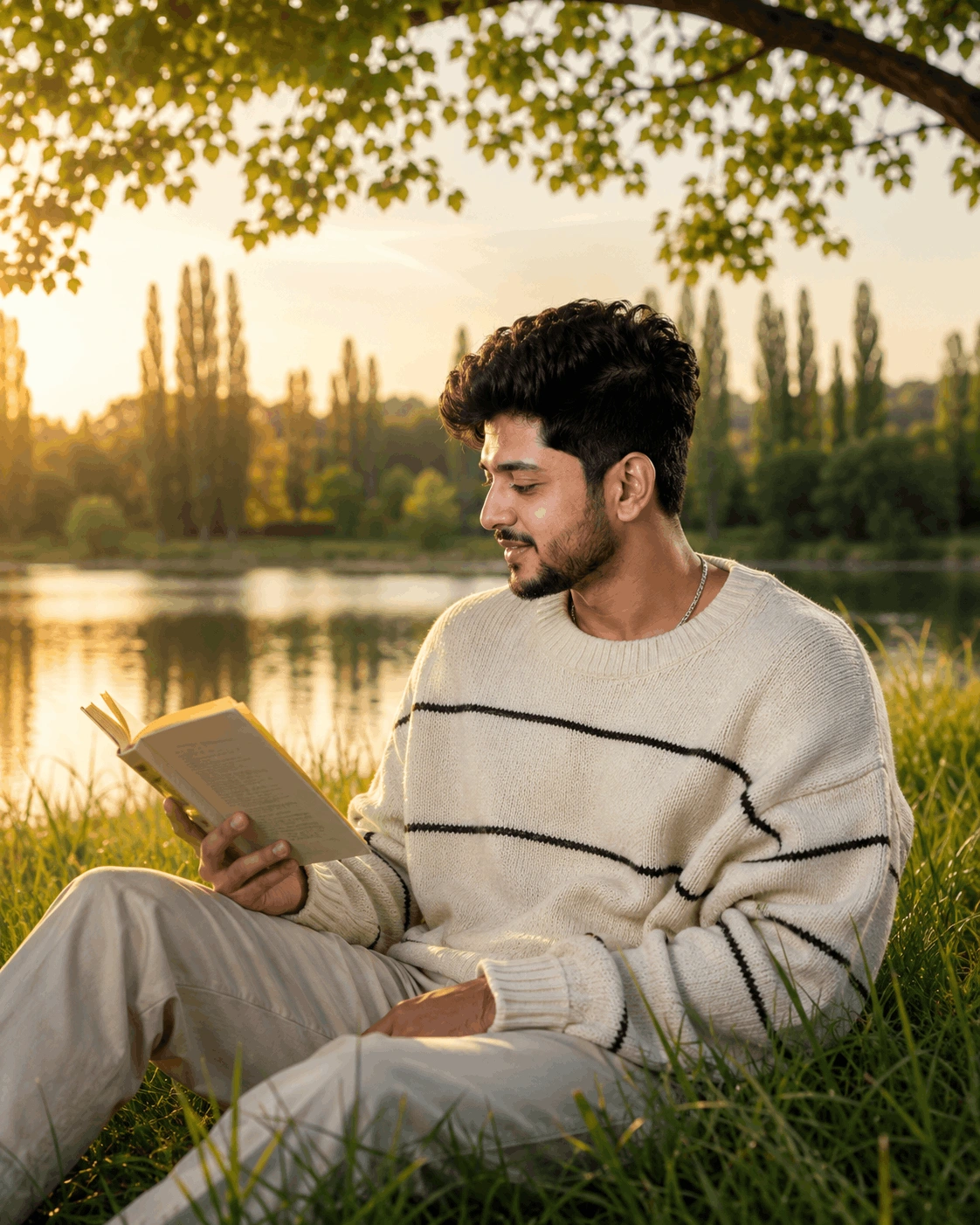 Golden Hour Lakeside Reading AI Photo Prompt – Cinematic Nature Portrait