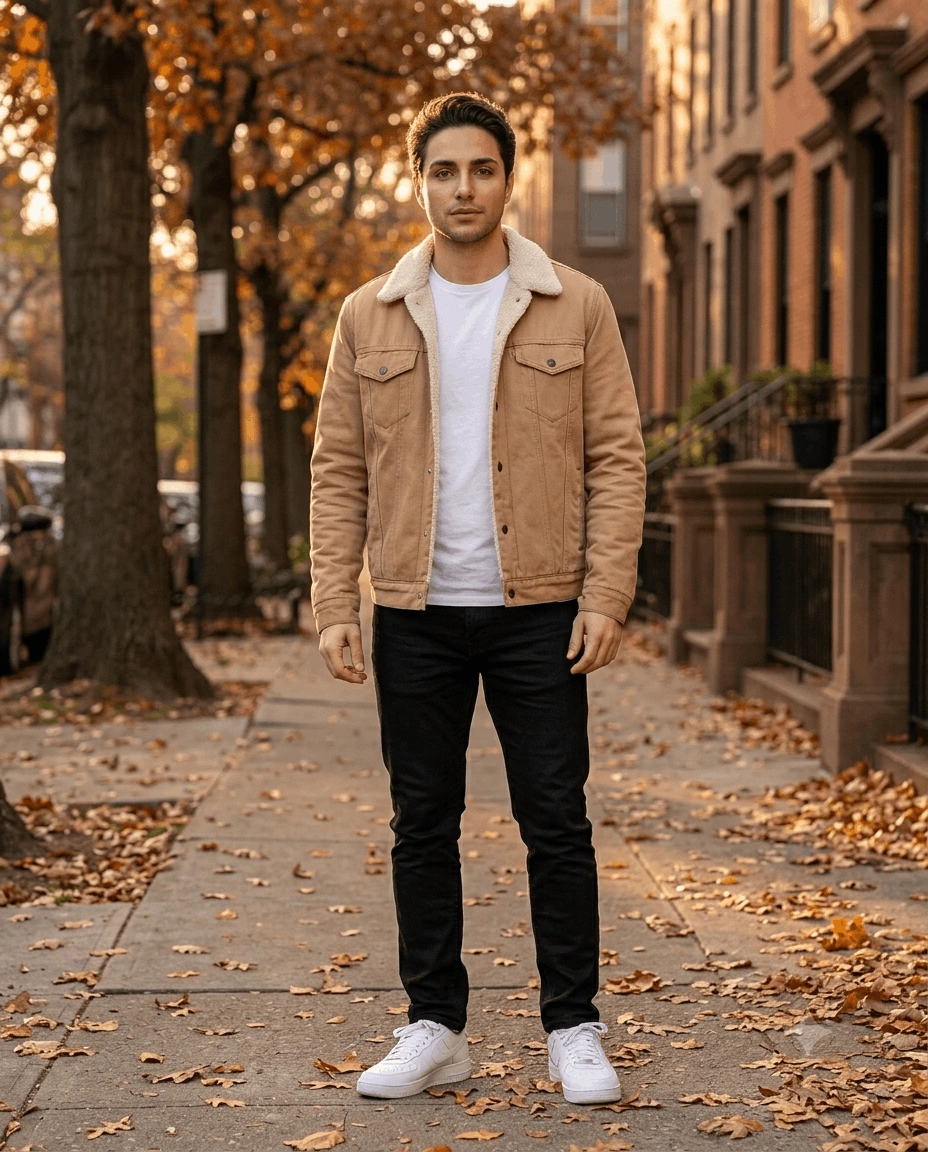 Autumn Street Fashion Portrait – Sherpa Denim Jacket AI Prompt
