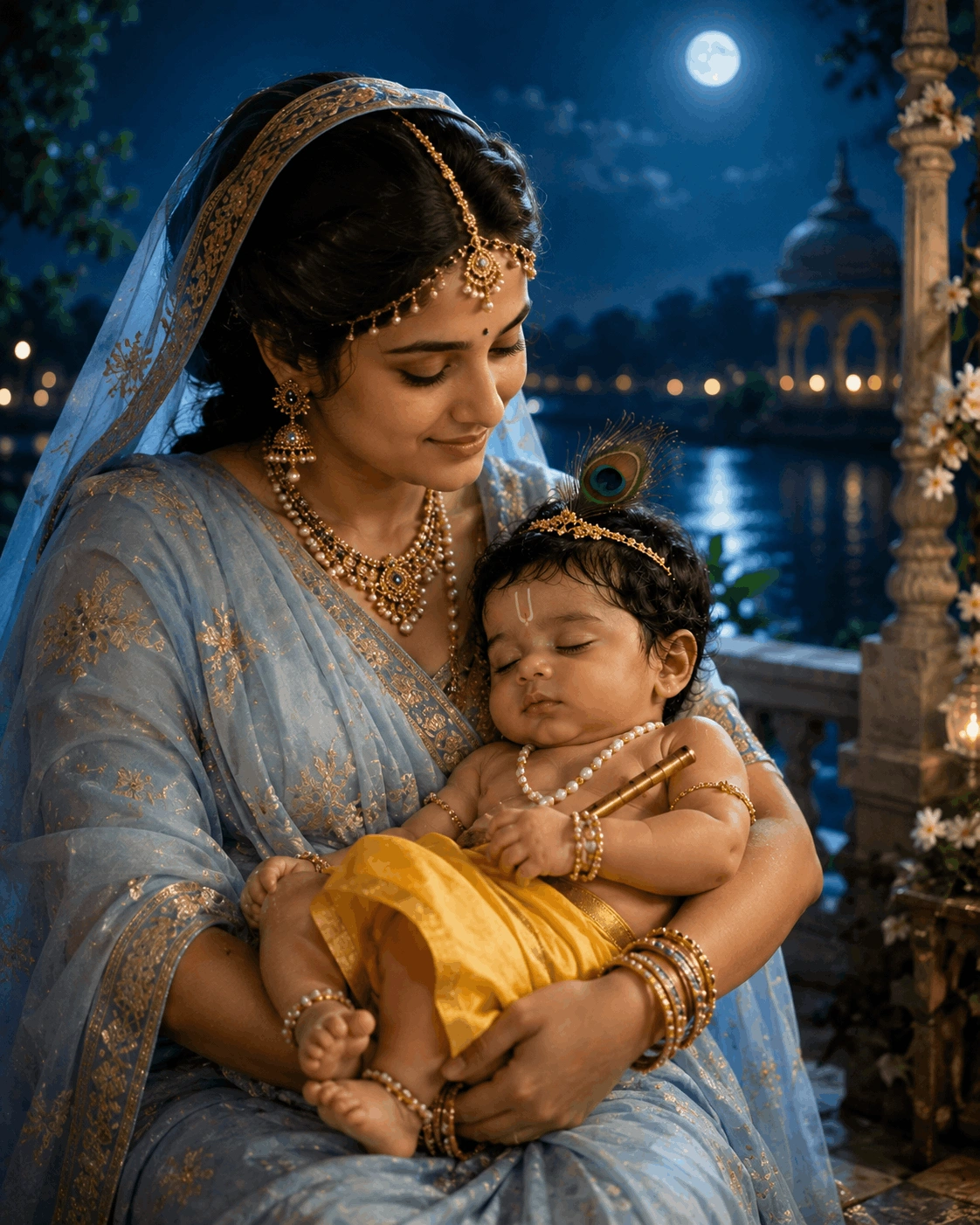 Maa Yashoda & Baby Krishna Moonlight Portrait – Cinematic Devotional Scene