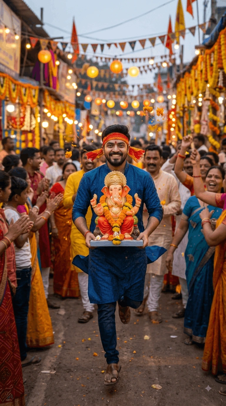 Joyful Ganesh Chaturthi Mela Run — Festive Lord Ganesha Celebration Portrait