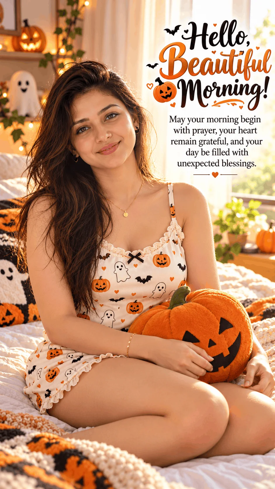 Hello, Beautiful Morning! – Cute Halloween Pumpkin Bedroom Portrait AI Prompt