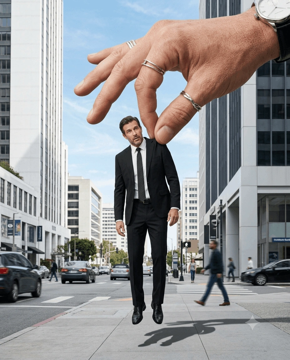 Giant Hand Forced Perspective Cinematic Portrait – Surreal AI Photo Prompt