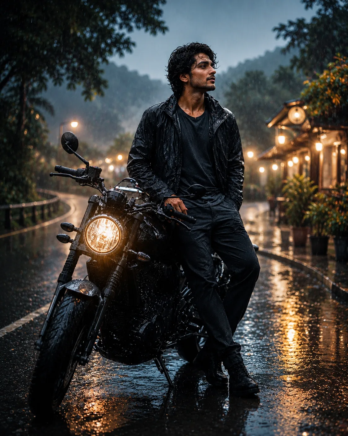 Cinematic Monsoon Motorcycle Portrait AI Prompt