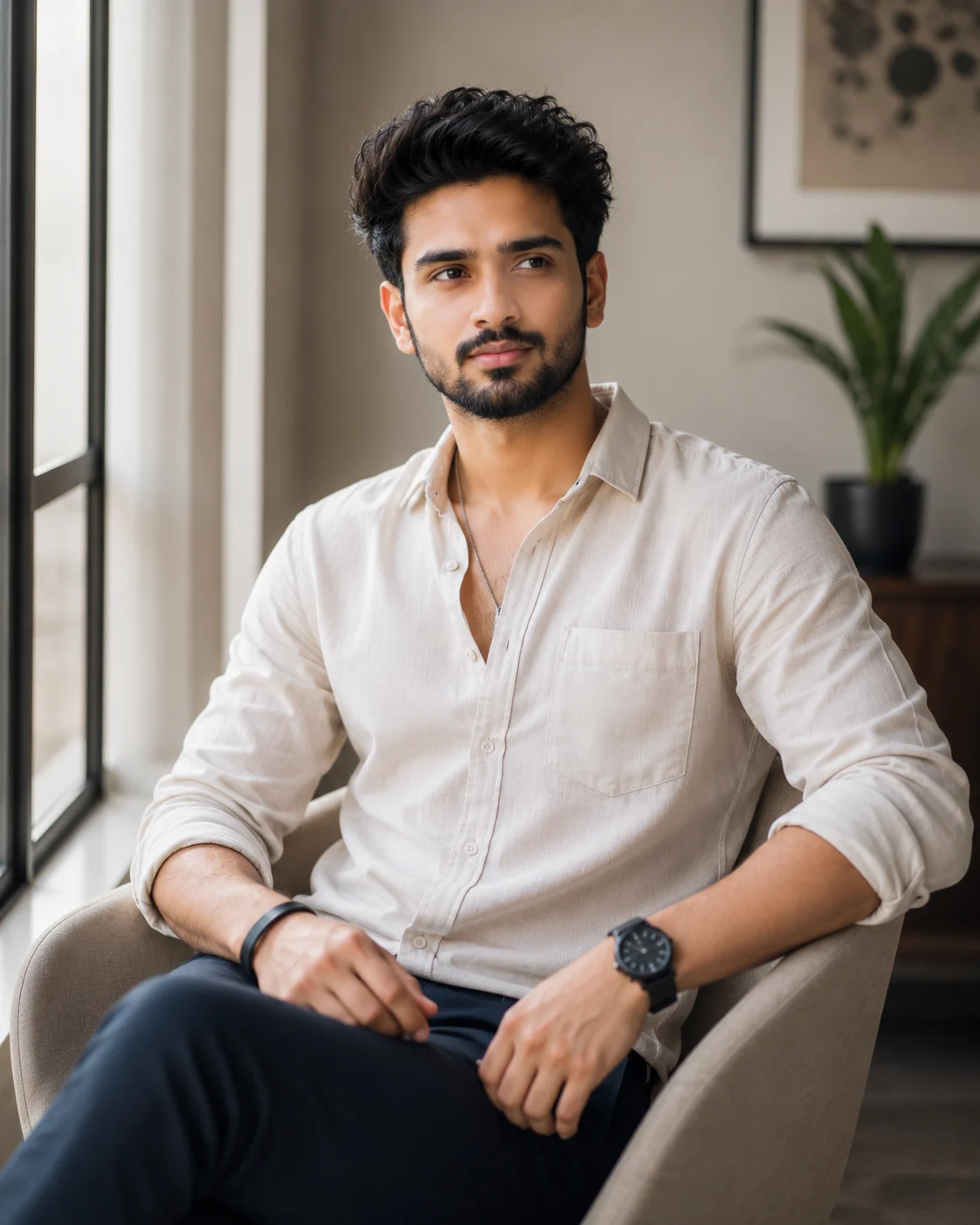 Cinematic Seated Window Portrait Pose with Natural Light