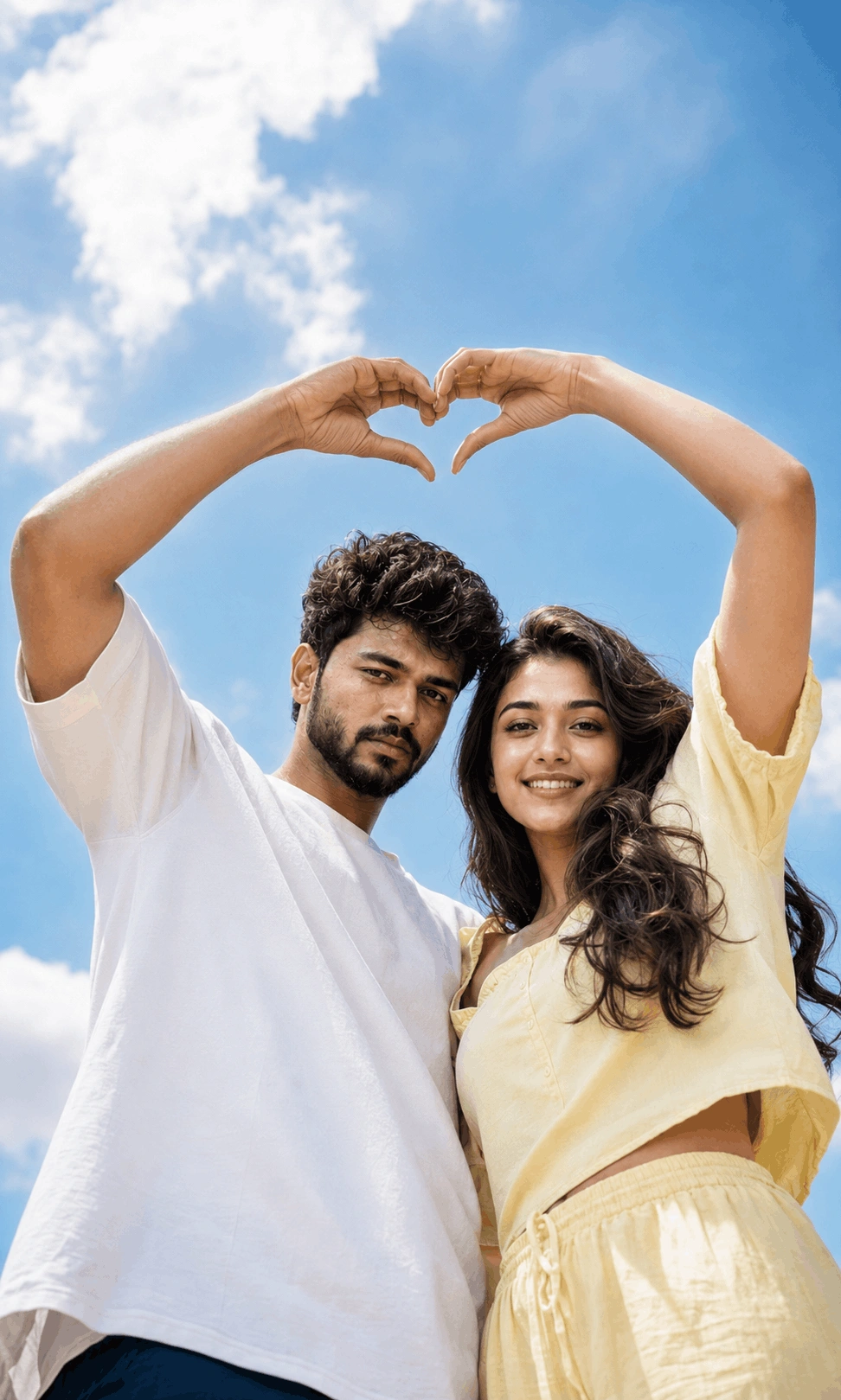 Sky Heart Couple AI Photo Prompt – Romantic Low-Angle Portrait