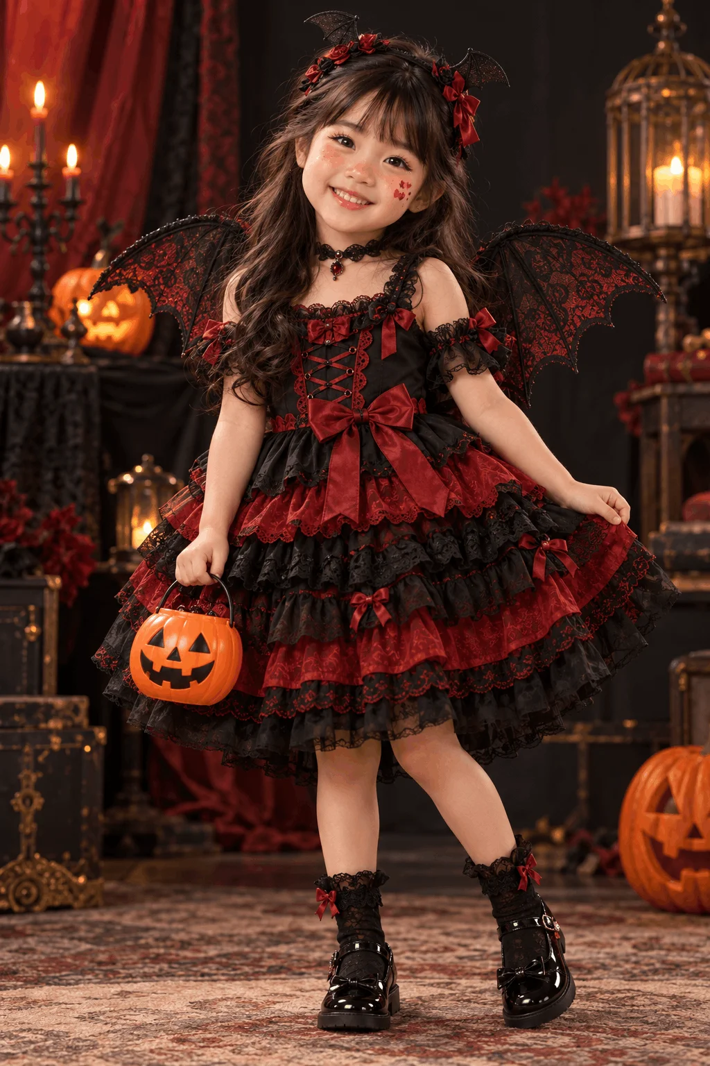 4-Year-Old Gothic Bat-Wing Portrait – Black & Ruby Halloween Kids Fashion