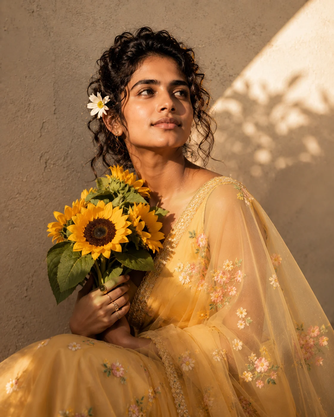 Golden Sunflower Saree Portrait AI Prompt