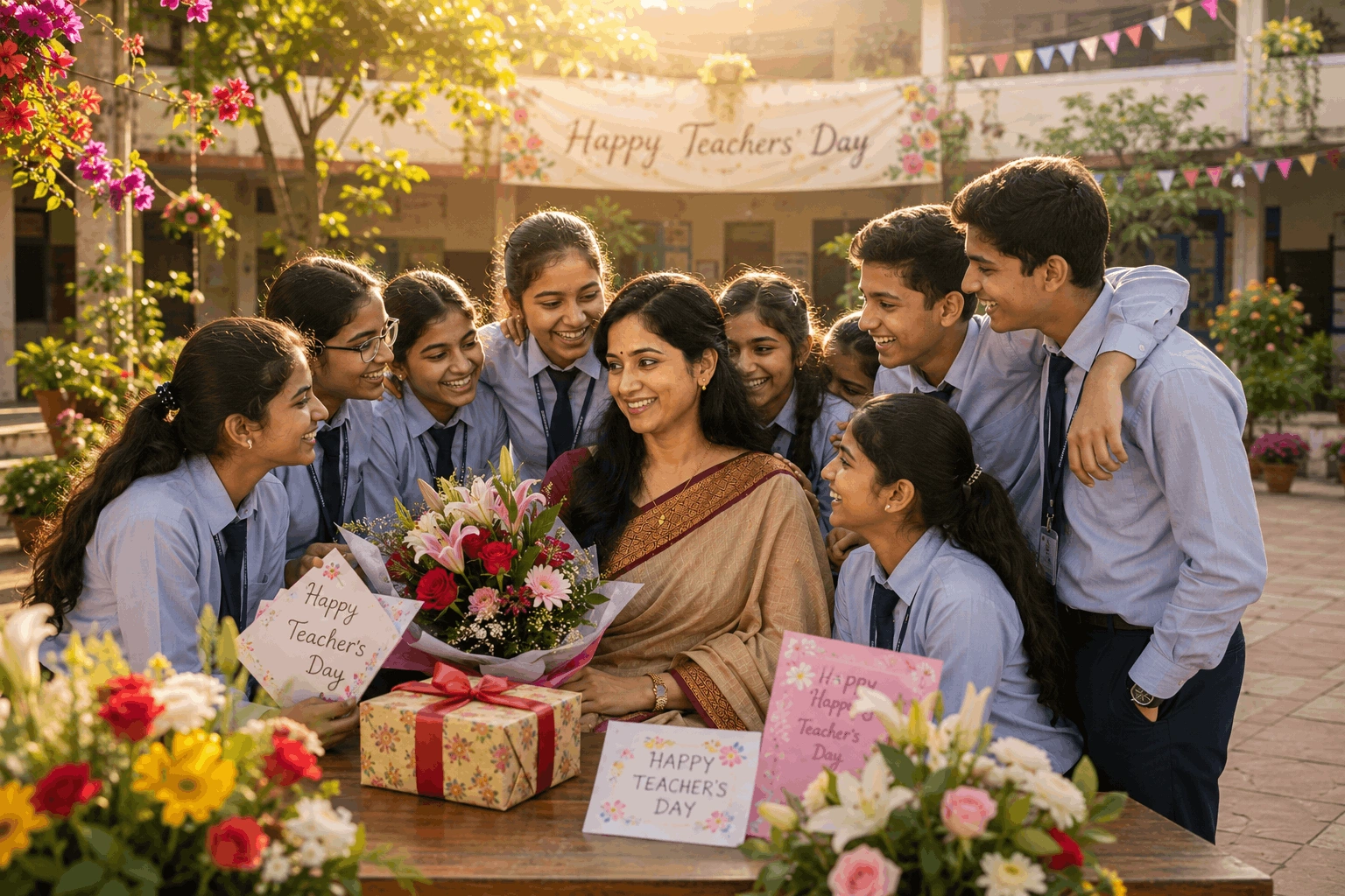 Golden Hour Teacher Appreciation – Candid Student Group AI Prompt