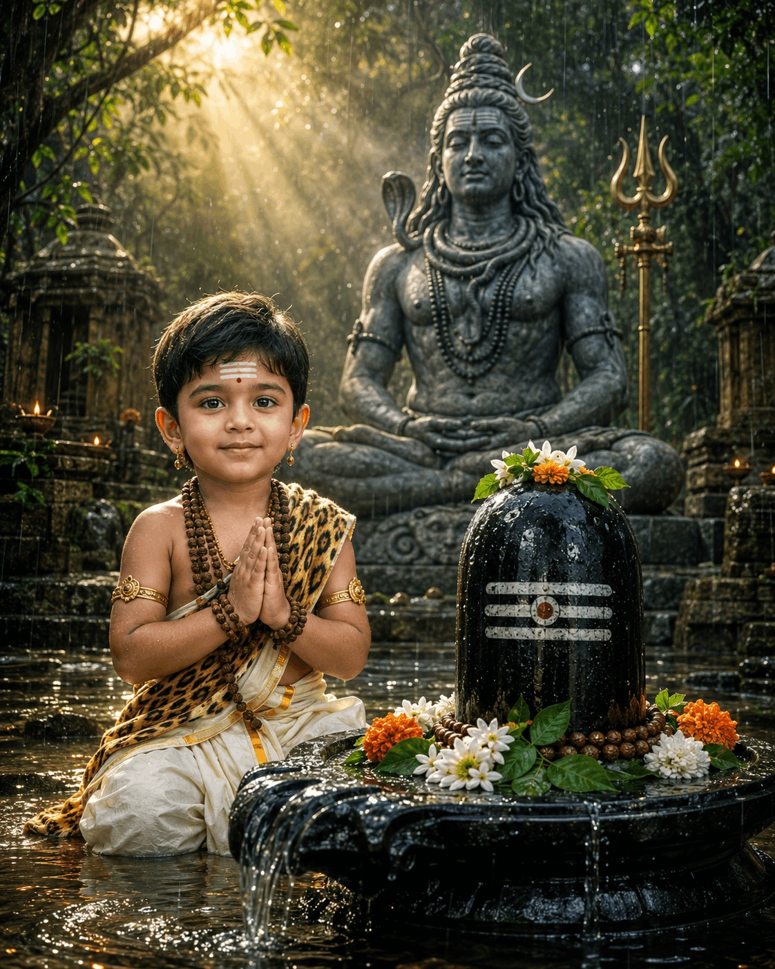 Young Shiva Devotee Rain Temple Cinematic Portrait