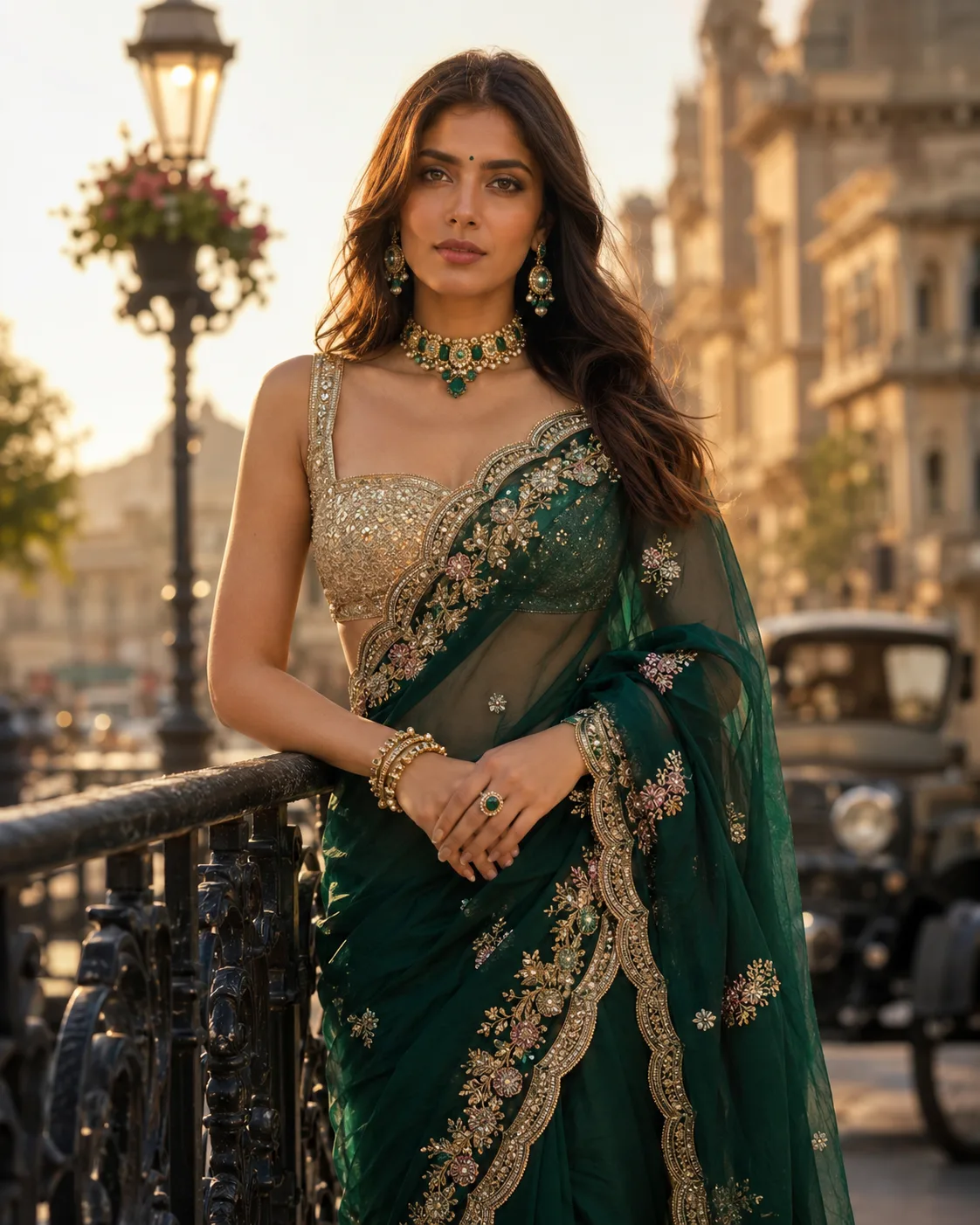 Luxury Emerald Organza Saree Editorial Portrait AI Prompt