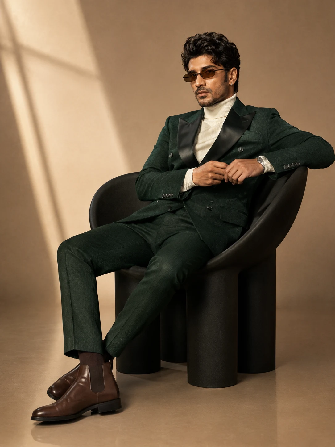 Luxury Forest Green Menswear Studio Portrait AI Prompt