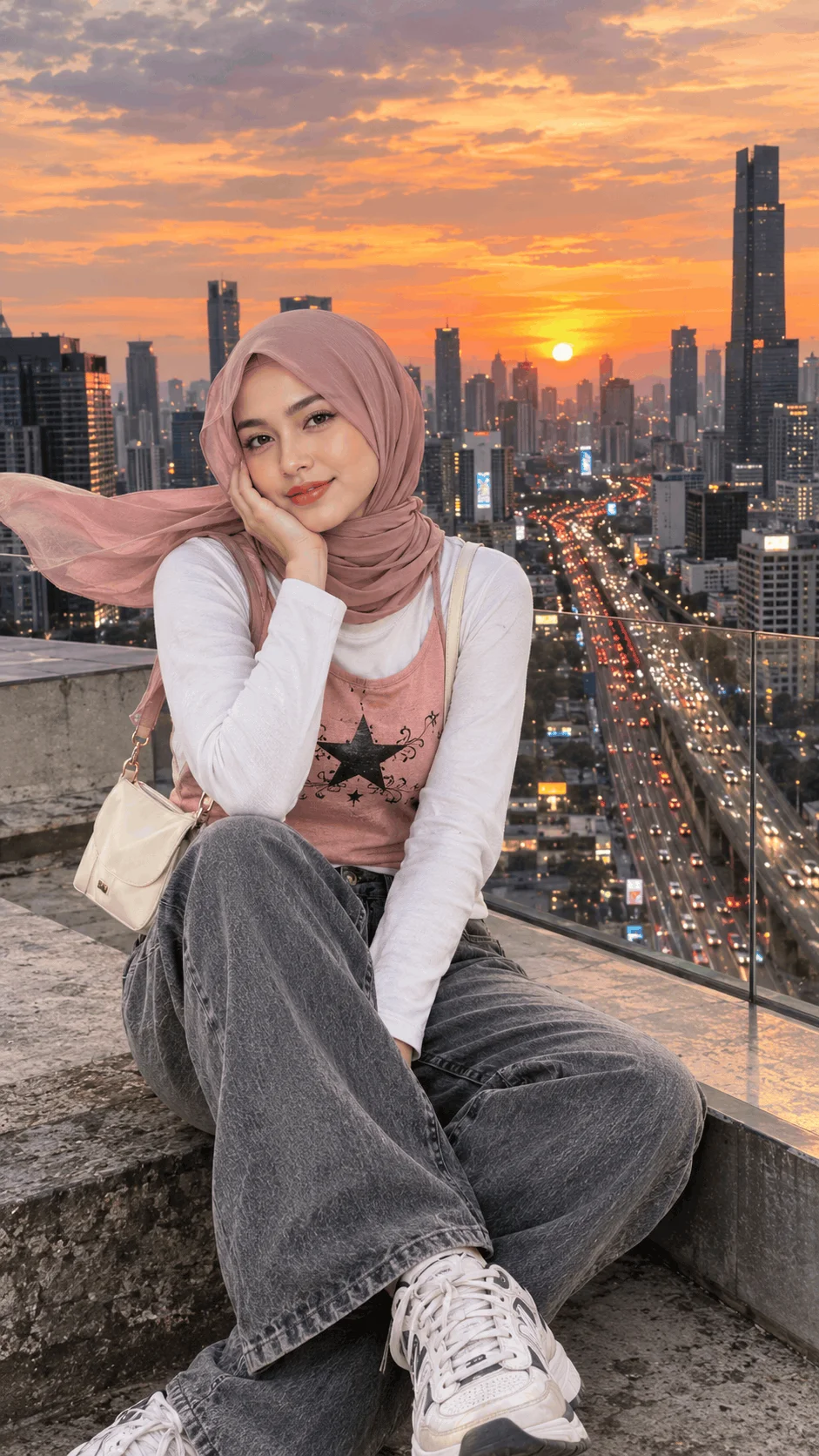 Sunset Skyline Muse: Rooftop Hijab Fashion Portrait