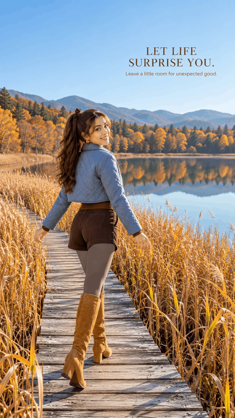 Autumn Lake Boardwalk Fashion Portrait – Seasonal Phone Wallpaper