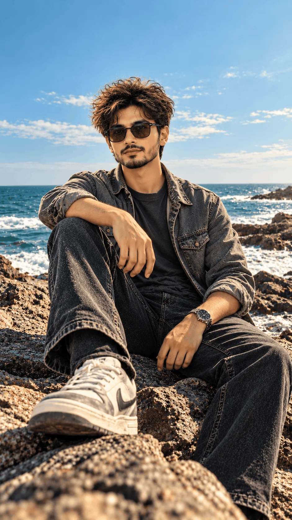 Coastal Rock Vintage Fashion Portrait – Rugged Outdoor Editorial