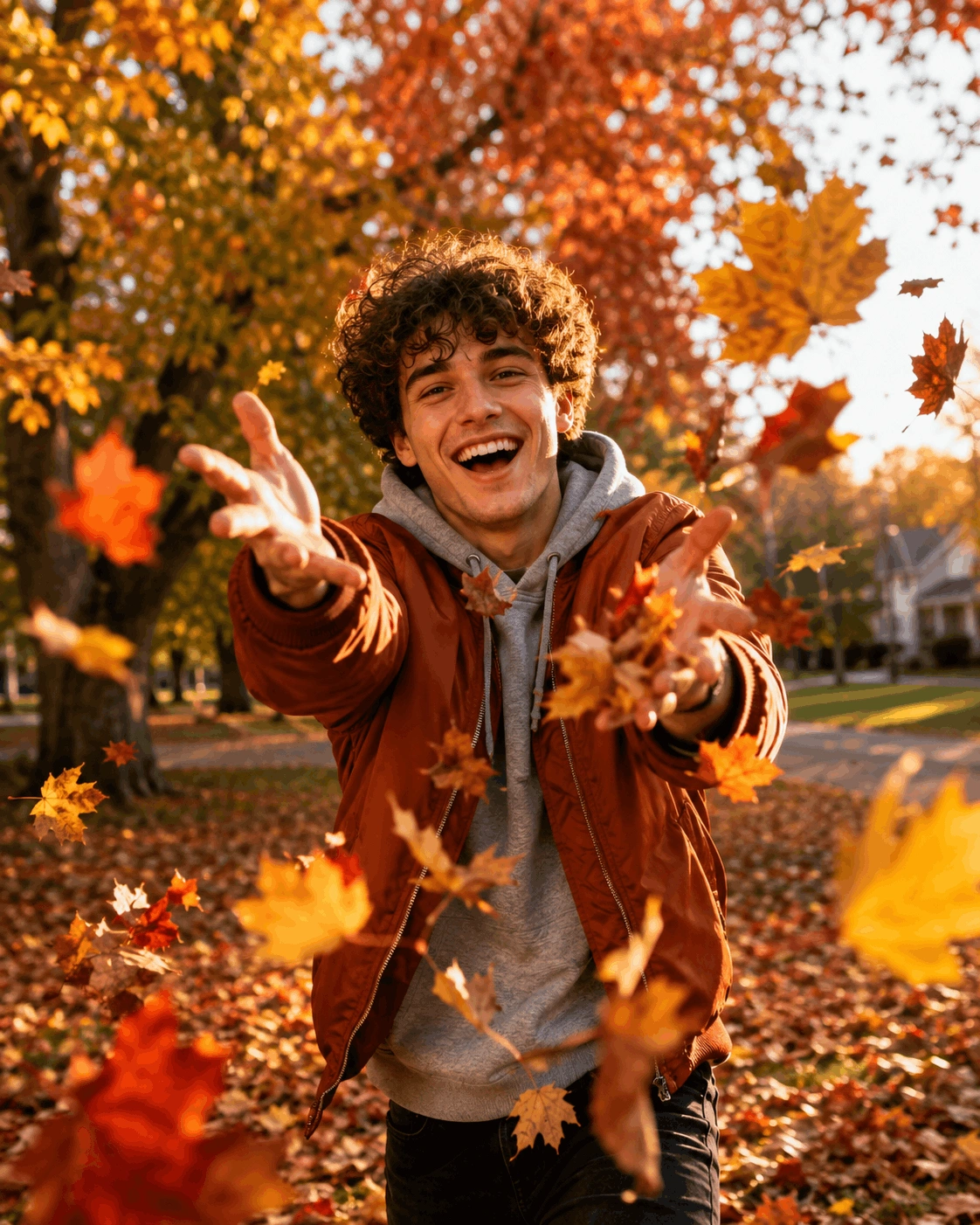 Leaf Toss Action AI Portrait Prompt – Dynamic Autumn Photography