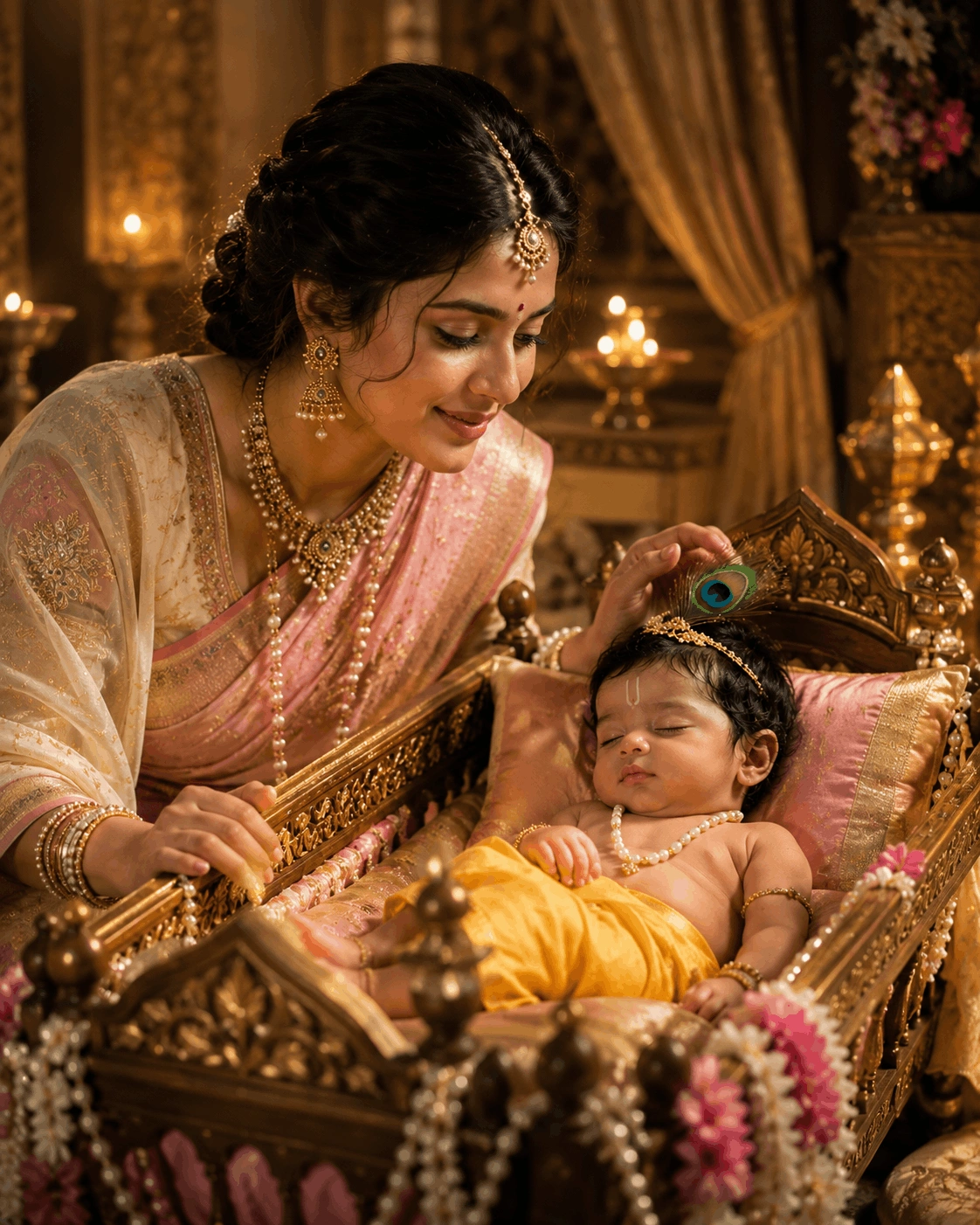 Maa Yashoda Lullaby Scene – Baby Krishna Royal Nursery Portrait