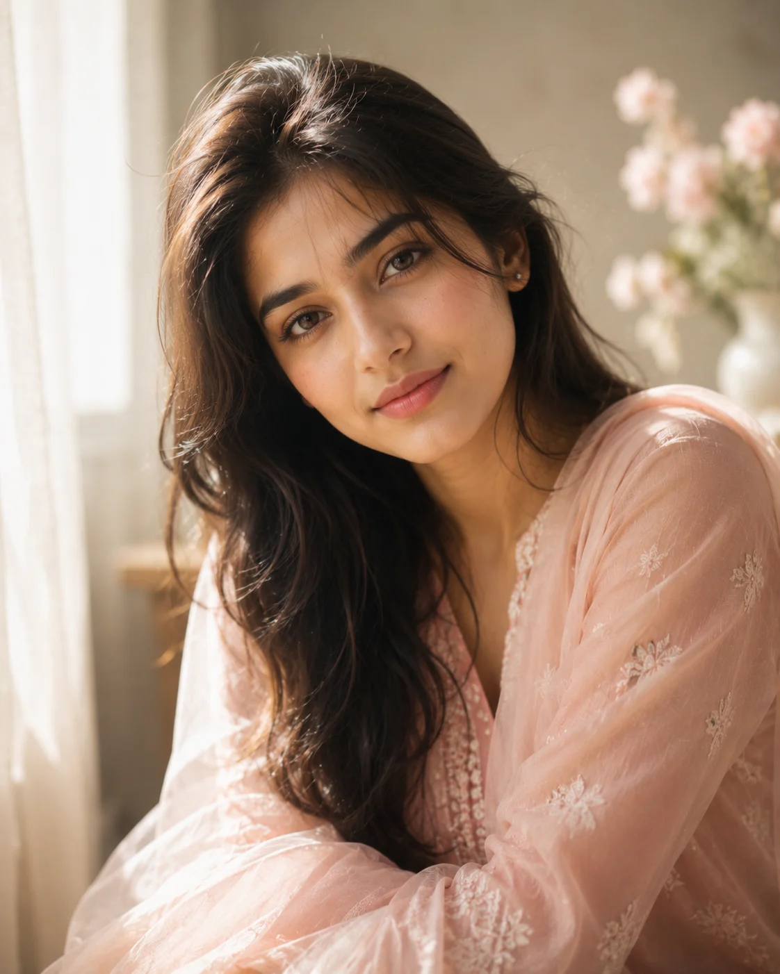 Soft Romantic Portrait with Dreamy Window Light AI Photography Prompt