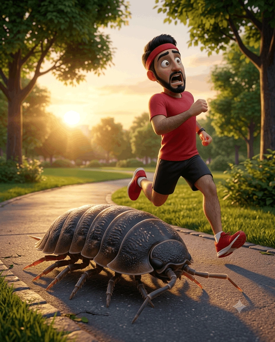 Giant Woodlouse Park Chase – Cinematic 3D Comedy AI Prompt
