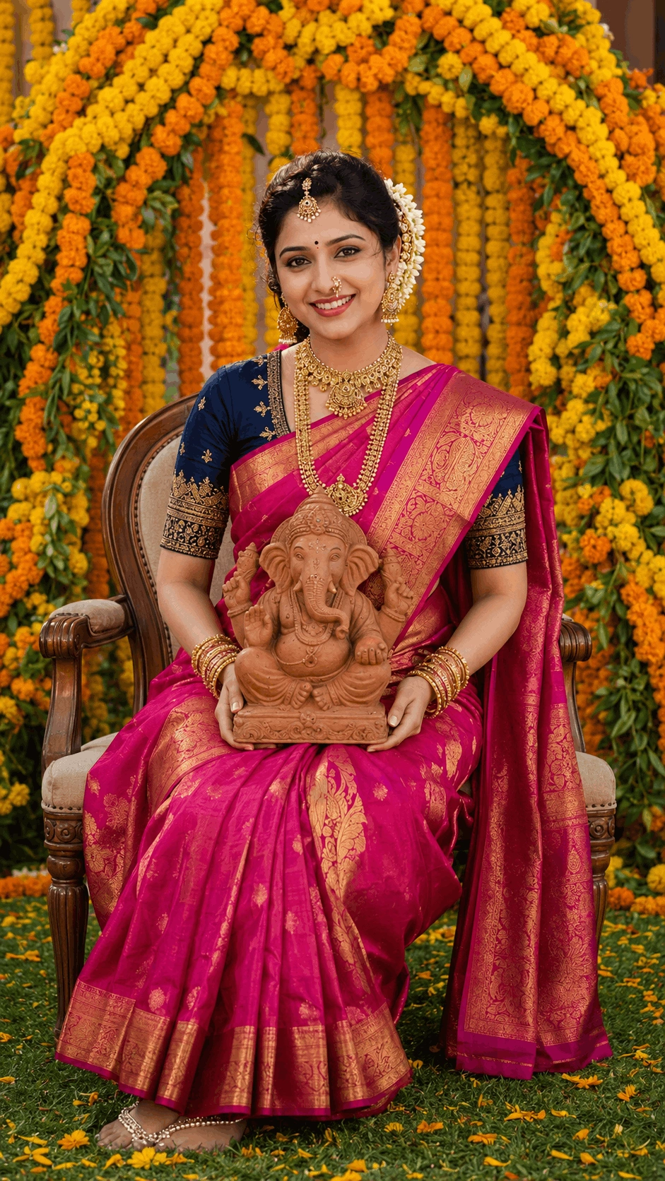 Traditional Ganesha Celebration Portrait in Magenta Kanchipuram Saree