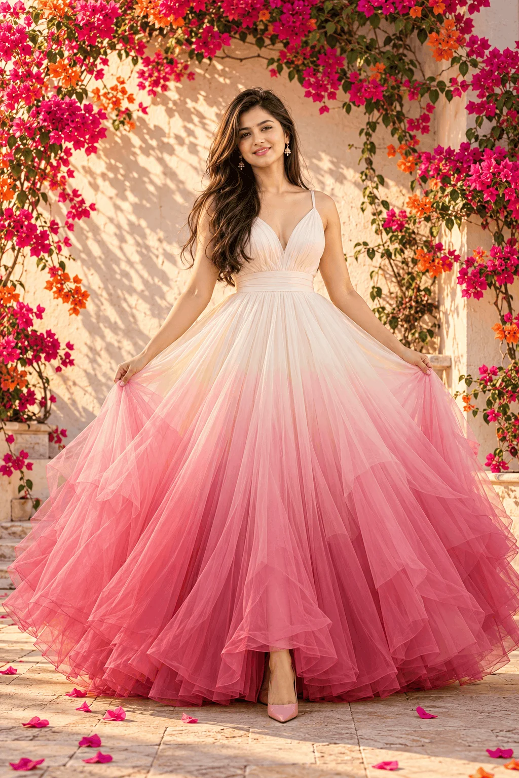 Rosewater Reverie – Ombre Pink Couture Gown in a Bougainvillea Courtyard