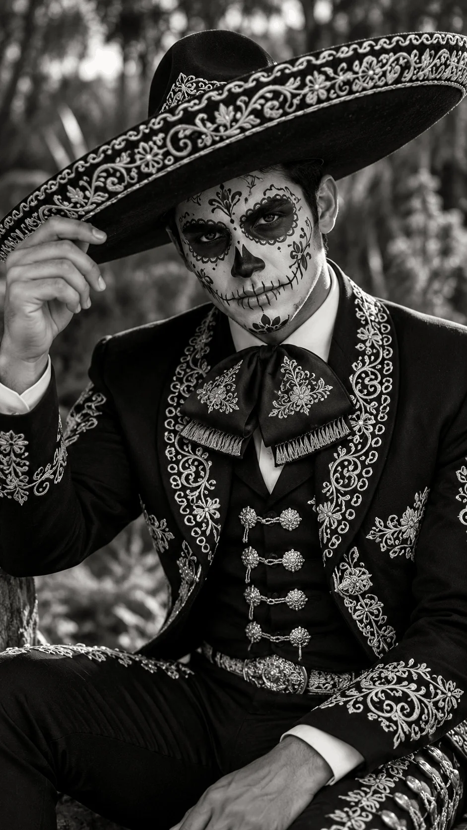 Retrato Charro Mexicano en Blanco y Negro con Maquillaje de Calavera IA