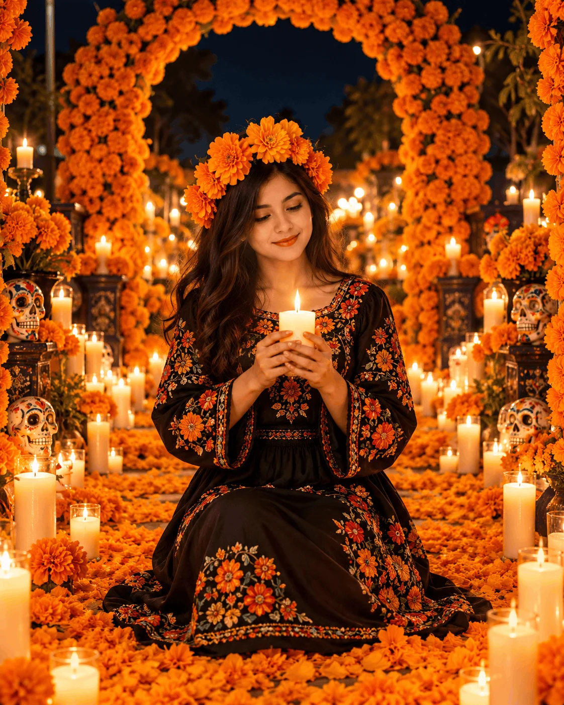 Retrato Día de Muertos con Velas y Arco de Cempasúchil IA